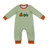 Green stripe pumpkin embroidery baby boy fall romper