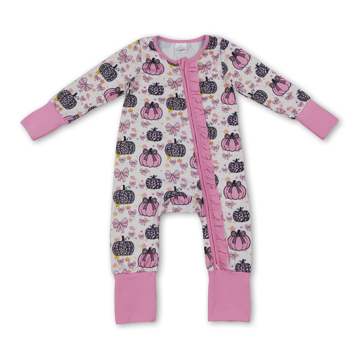 Long sleeves leopard pink bow baby girls fall zipper romper