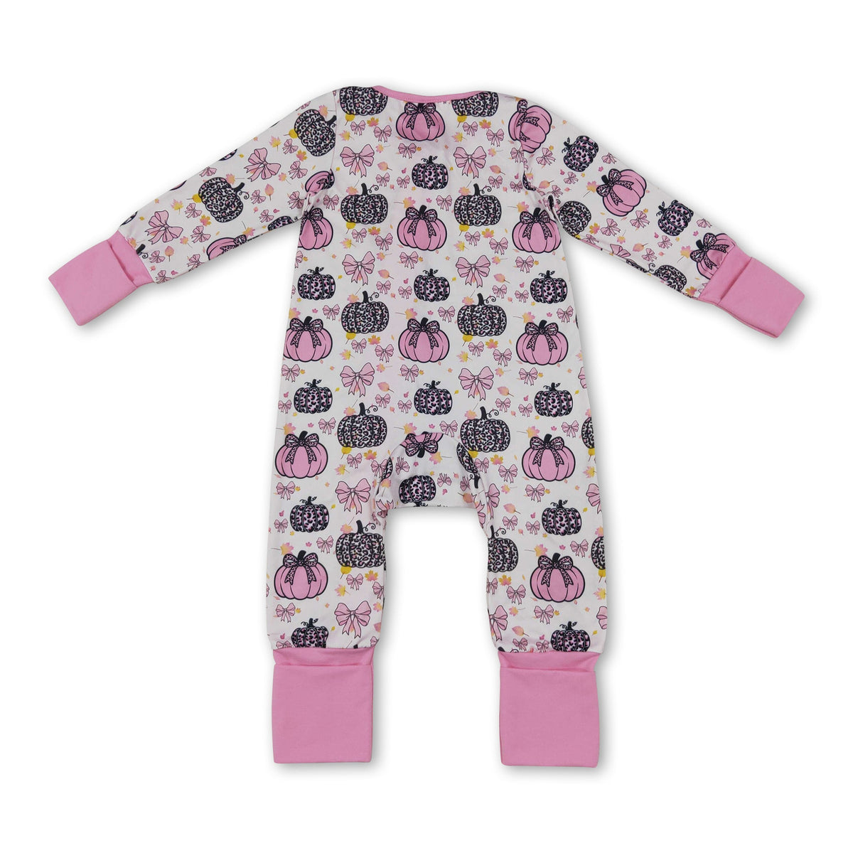 Long sleeves leopard pink bow baby girls fall zipper romper