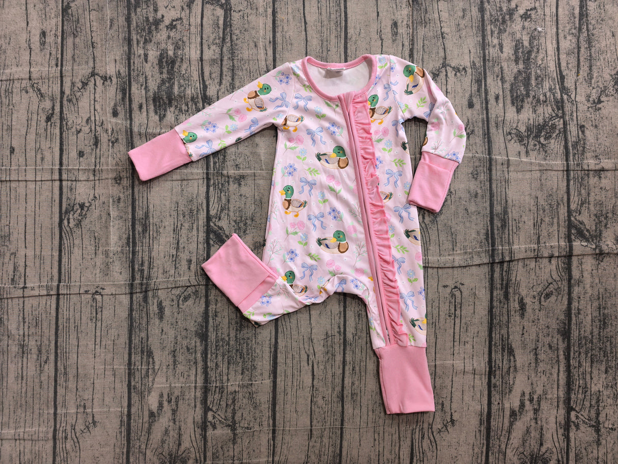 Duck bow floral pink ruffle baby girls zipper romper