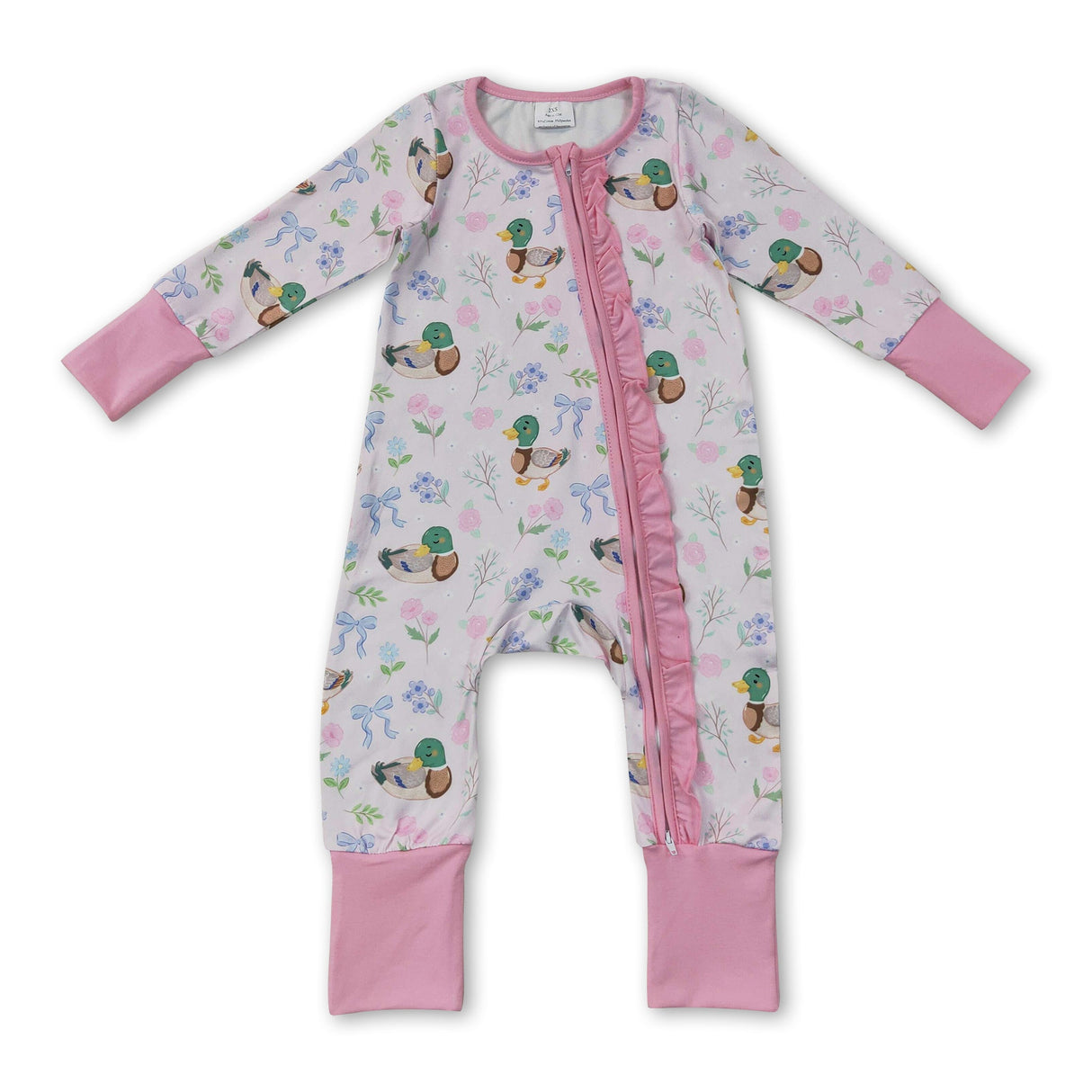 Duck bow floral pink ruffle baby girls zipper romper