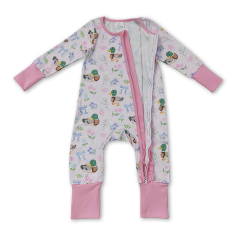 Duck bow floral pink ruffle baby girls zipper romper