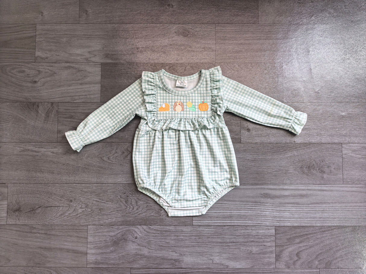 Plaid turkey pumpkin pie baby girls Thanksgiving romper