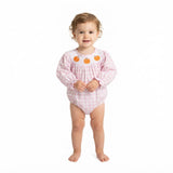 Pink plaid pumpkin smocked baby girls fall romper