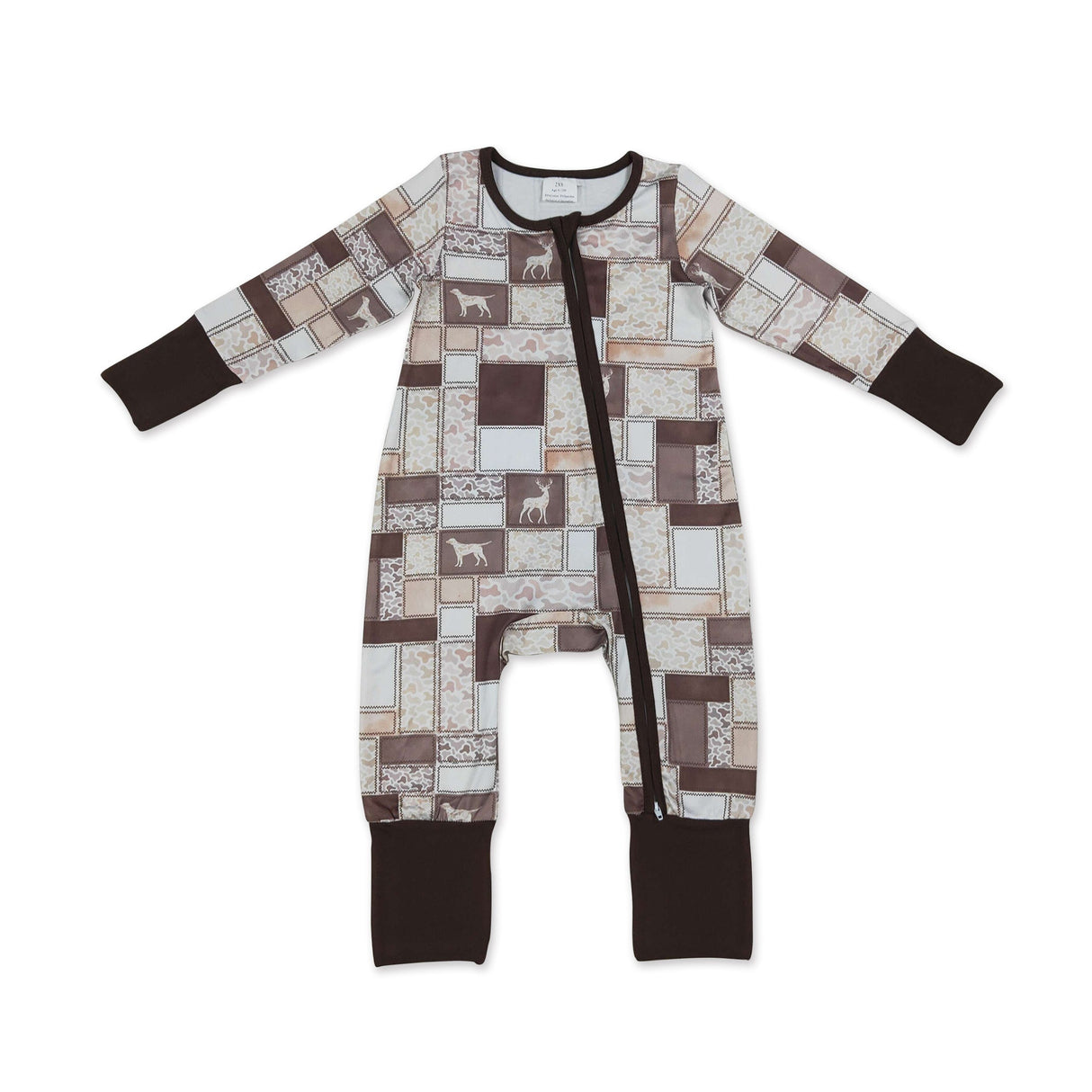 Long sleeves brown camo hunting dog baby boy zipper romper