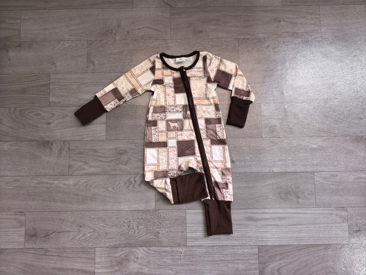 Long sleeves brown camo hunting dog baby boy zipper romper