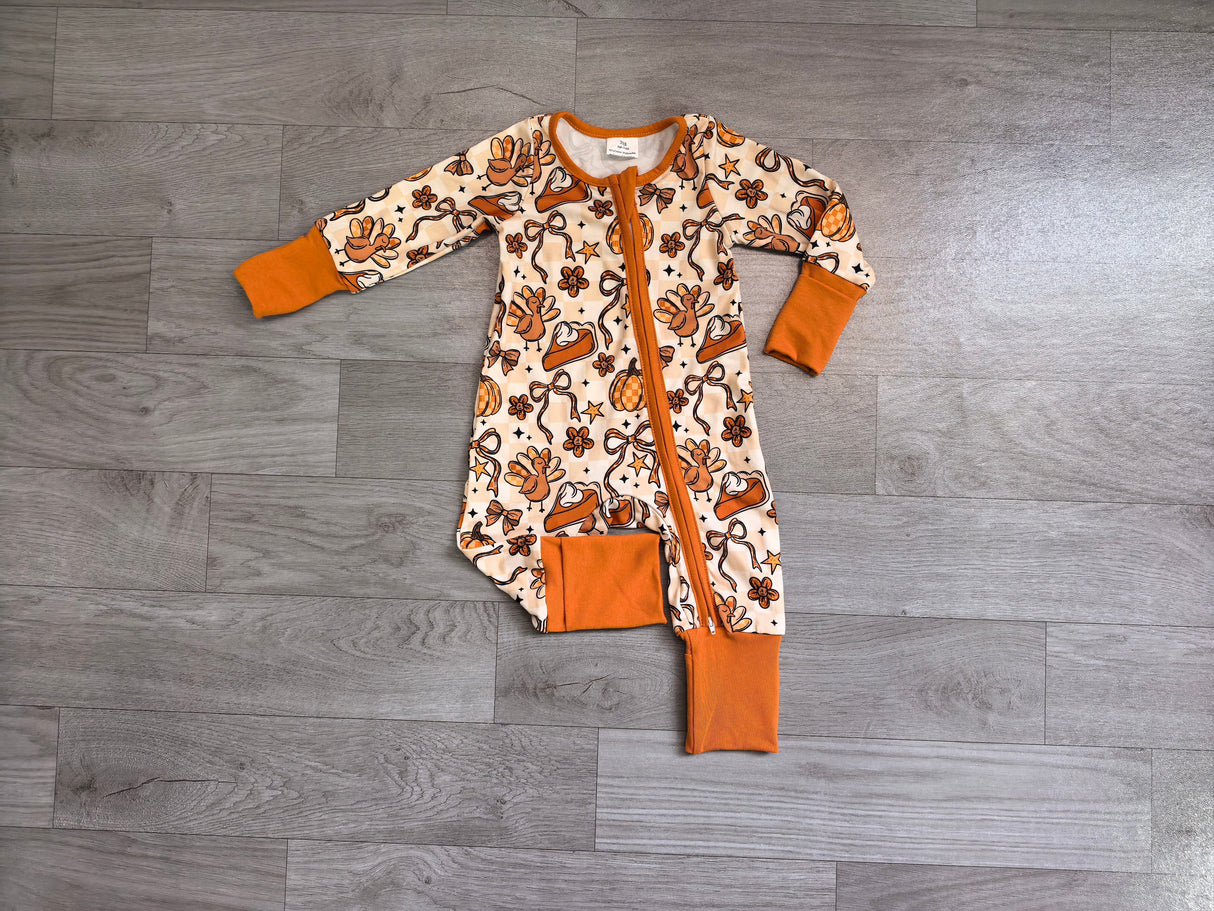 Pumpkin pie turkey bow baby girls Thanksgiving zipper romper