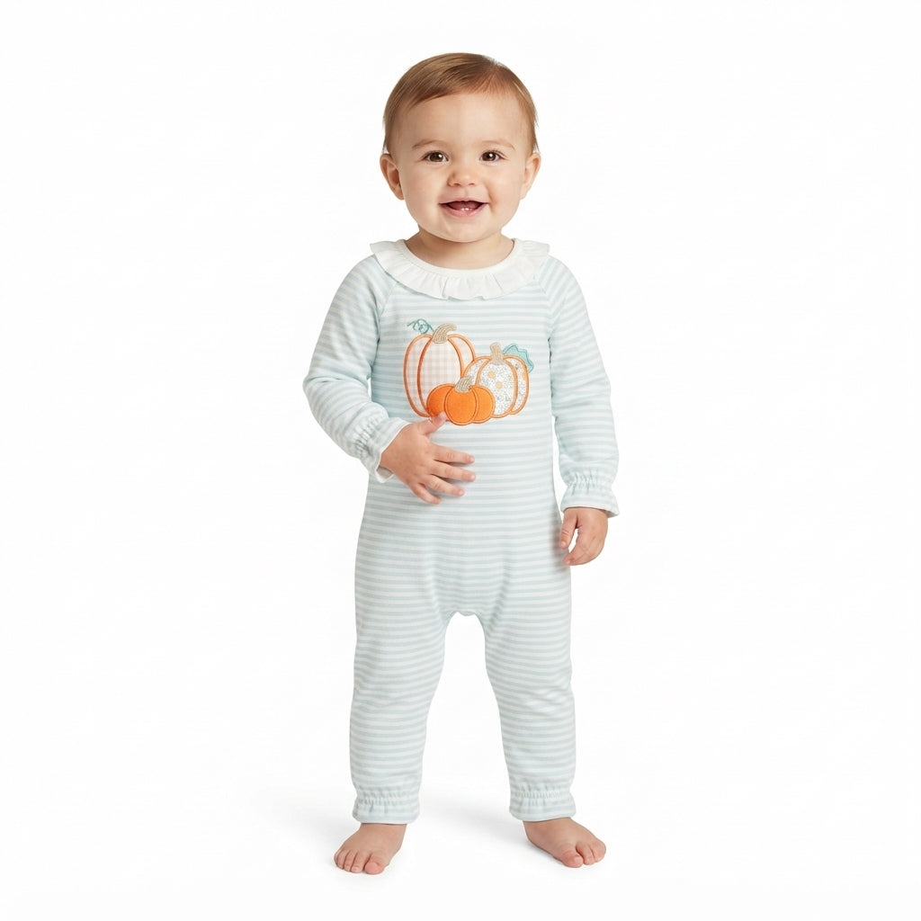 Long sleeves stripe pumpkin embroidery girls fall romper