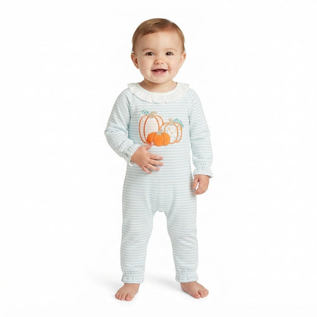 Long sleeves stripe pumpkin embroidery girls fall romper