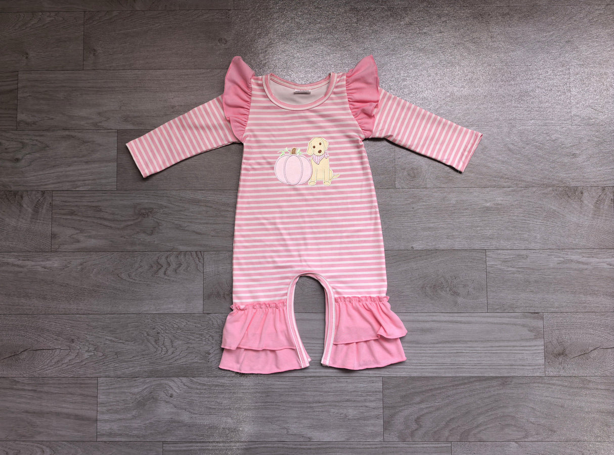 Pumpkin dog embroidery stripe baby girls fall romper