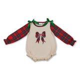 Red plaid bow long sleeves baby girls Christmas romper