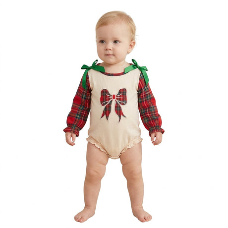 Red plaid bow long sleeves baby girls Christmas romper