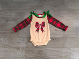 Red plaid bow long sleeves baby girls Christmas romper