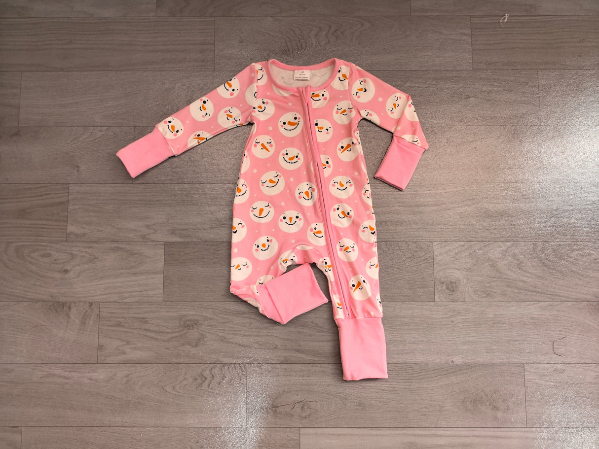 Pink snowman long sleeves baby girls zipper romper