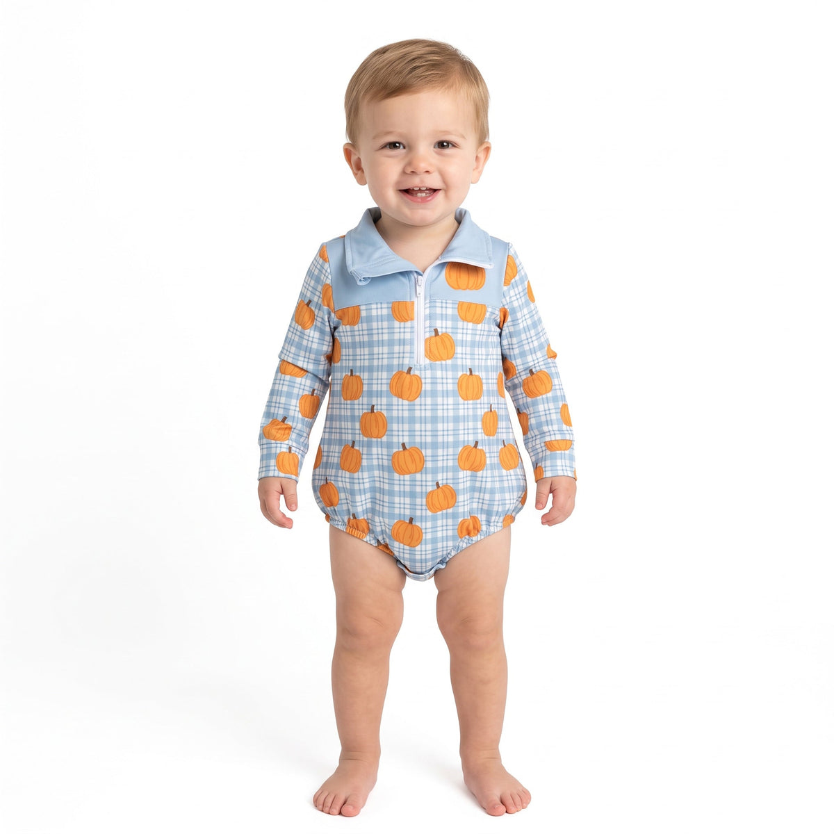 Long sleeves plaid pumpkin baby boy fall zipper romper