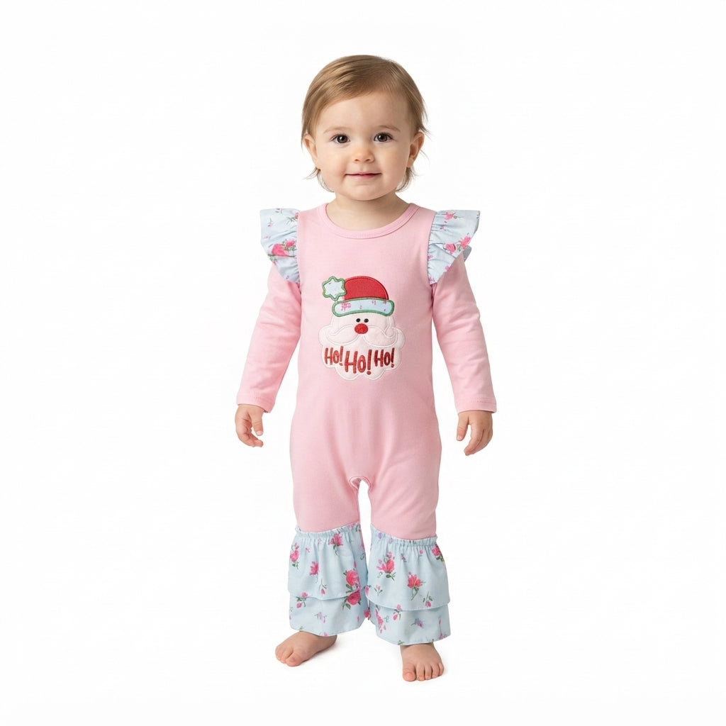 Ho ho ho santa embroidery girls Christmas romper