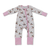 Long sleeves pink stripe duck baby girl zipper romper