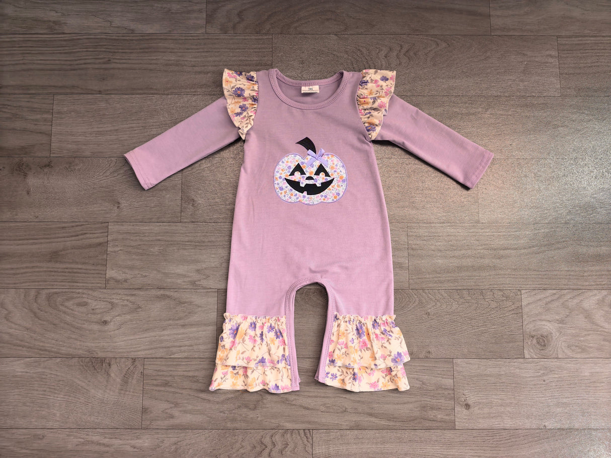 Lavender pumpkin floral embroidery girls Halloween romper