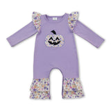 Lavender pumpkin floral embroidery girls Halloween romper