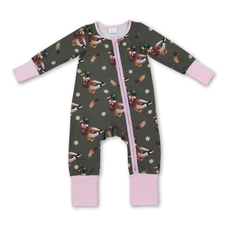 Pink long sleeves duck bow floral baby girls zipper romper