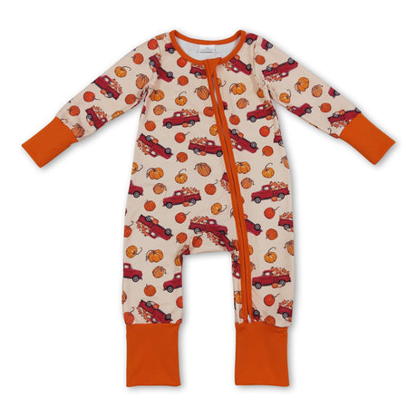 Long sleeves pumpkin truck baby fall zipper romper