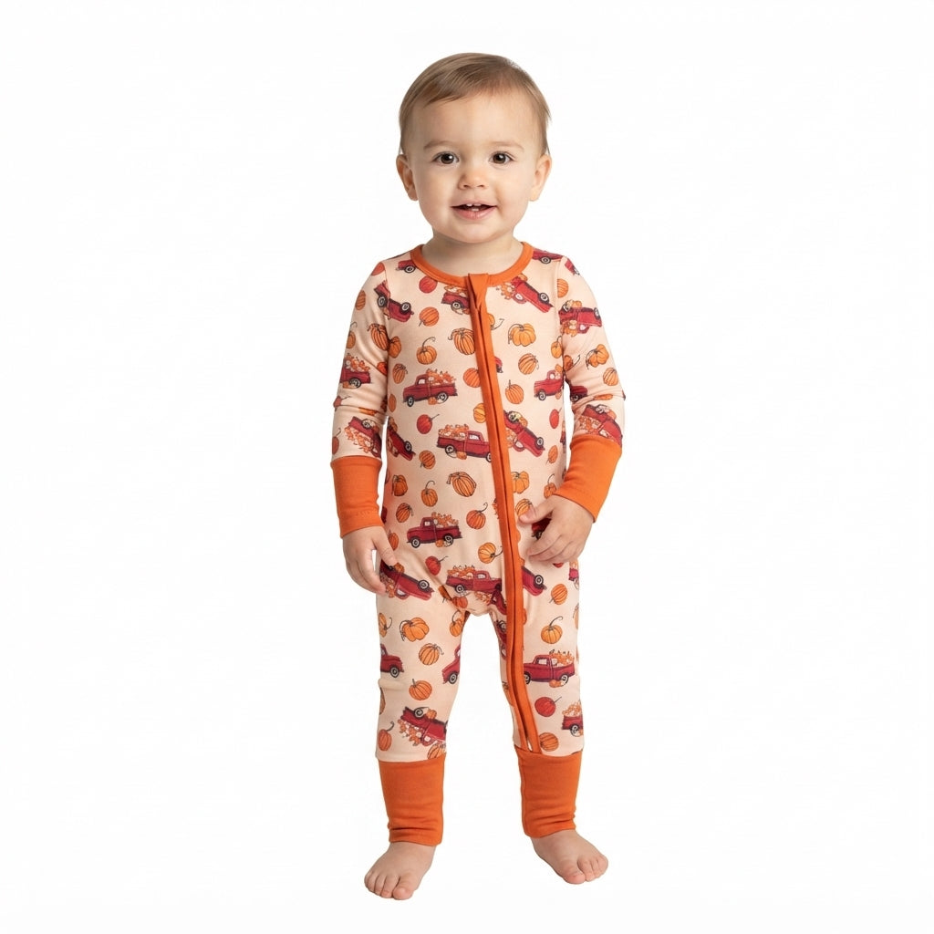 Long sleeves pumpkin truck baby fall zipper romper