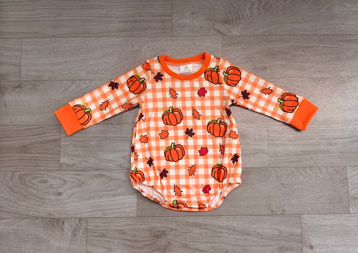 Long sleeves pumpkin plaid leaves baby fall romper