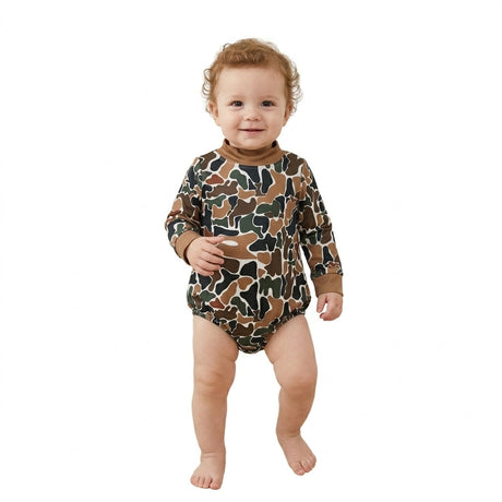 Long sleeves brown camo mock neck baby kids fall romper