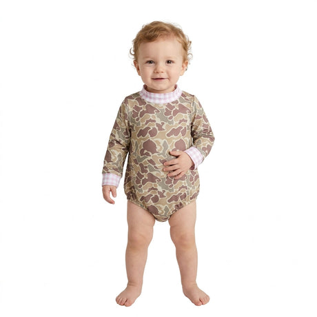 Pink plaid camo long sleeves baby girls romper
