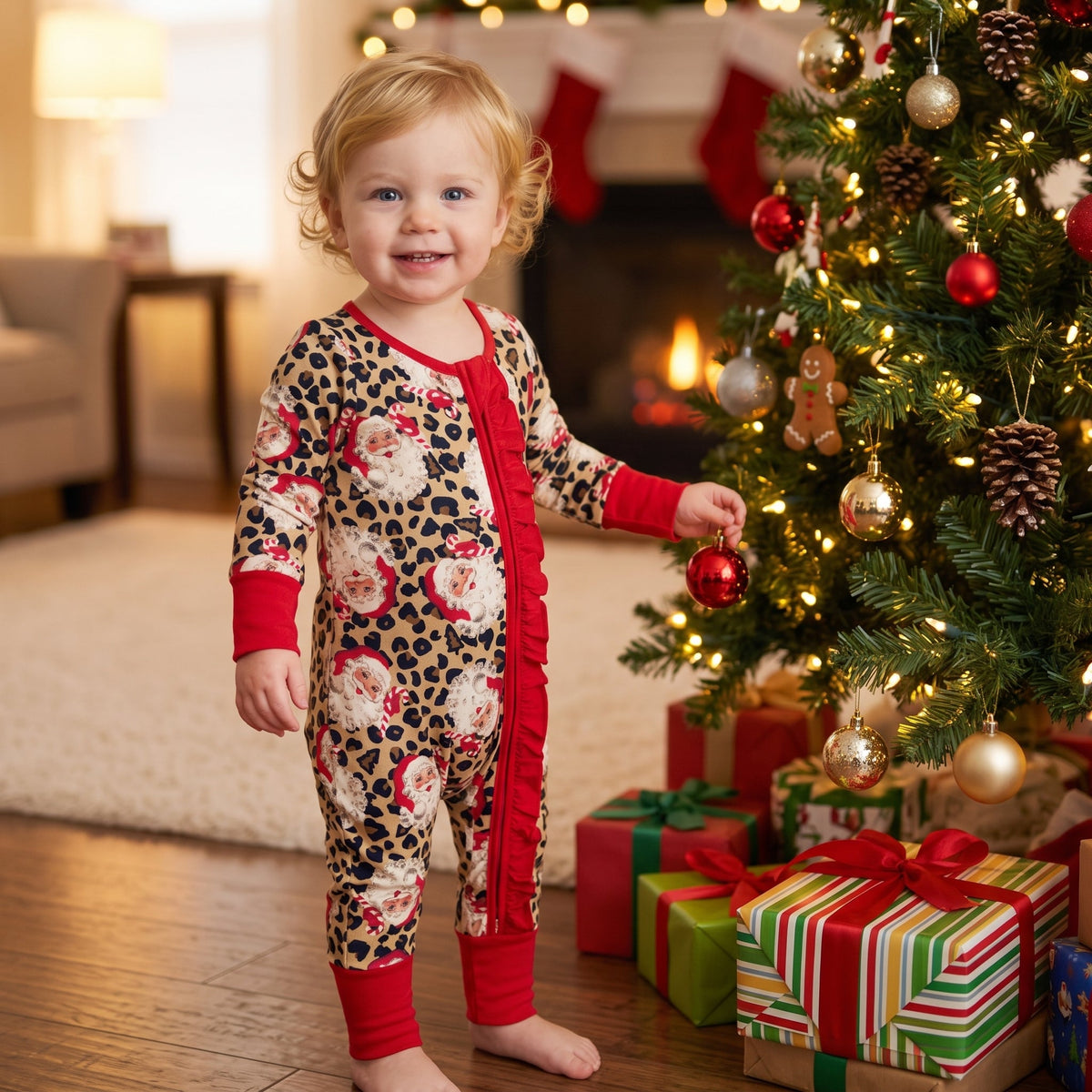 Long sleeves leopard santa baby Christmas zipper romper