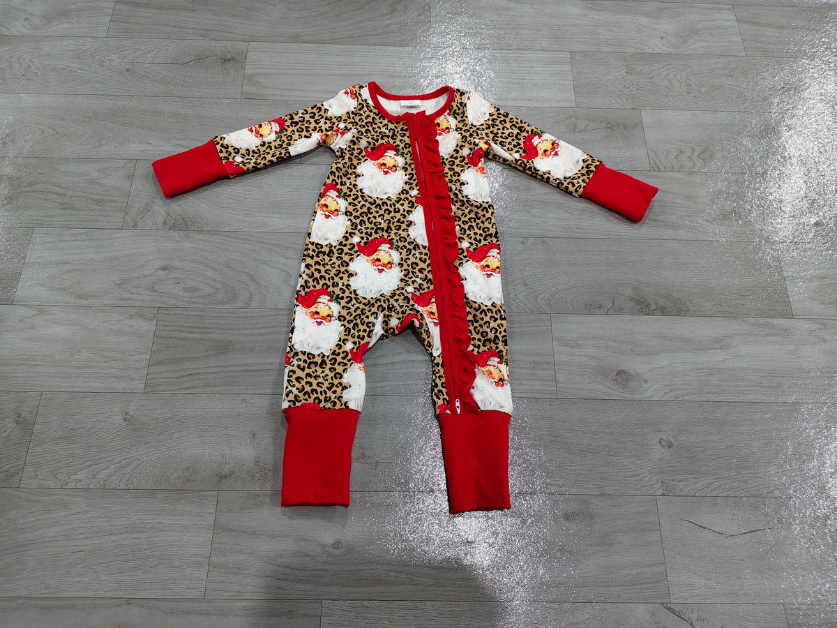 Long sleeves leopard santa baby Christmas zipper romper