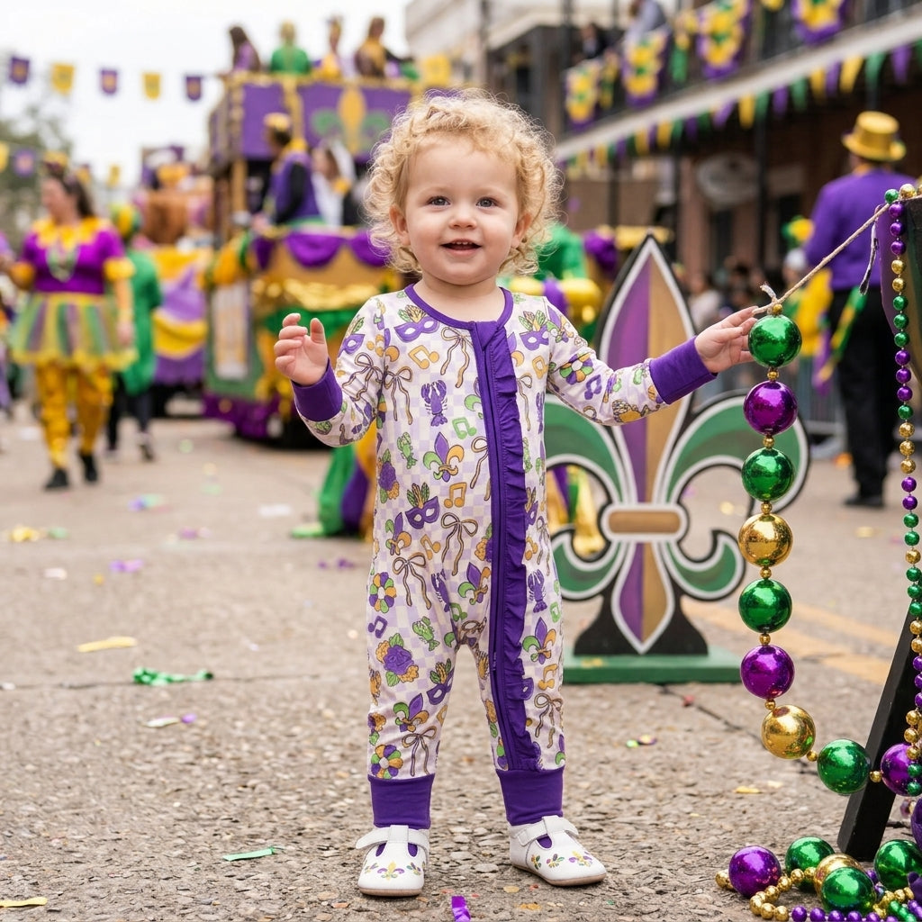 Plaid bow crawfish baby girls Mardi Gras zipper romper