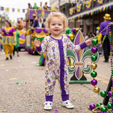 Plaid bow crawfish baby girls Mardi Gras zipper romper