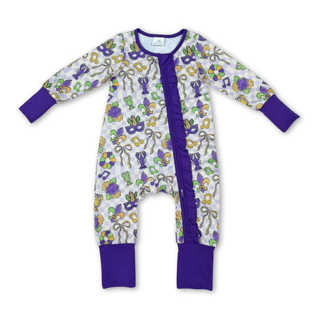 Plaid bow crawfish baby girls Mardi Gras zipper romper