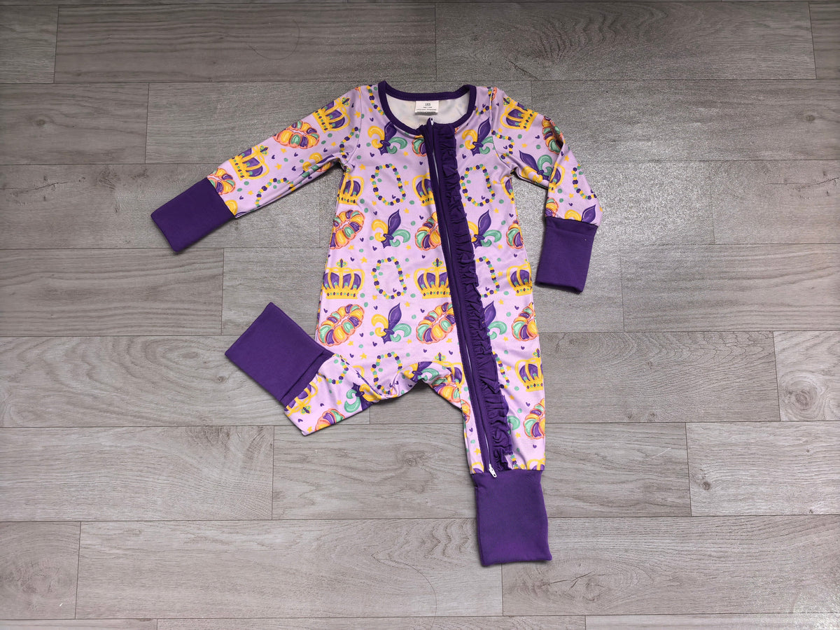 Purple ruffle crown donut girls Mardi Gras zipper romper