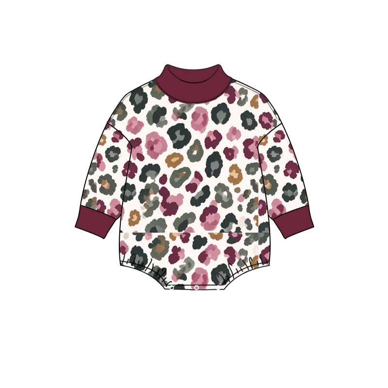 Maroon leopard camo baby boy active mock neck romper