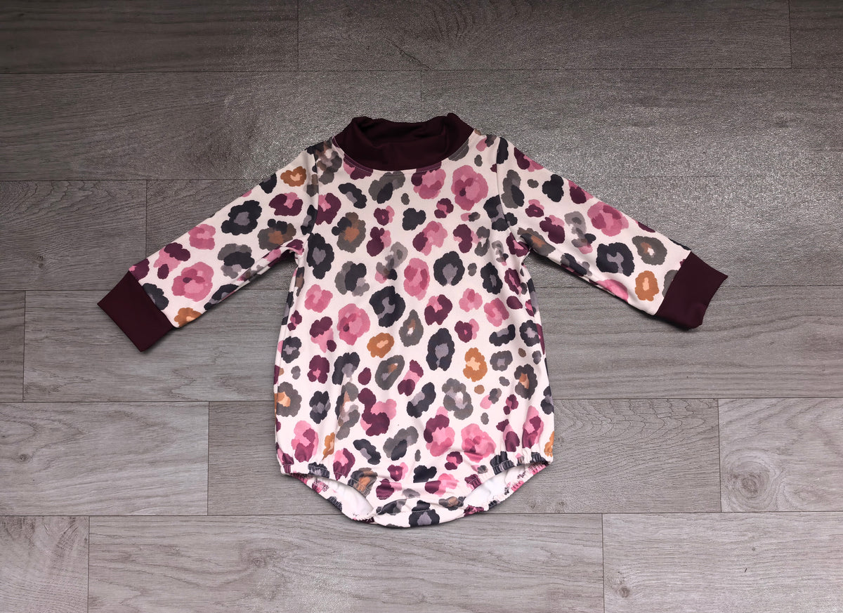 Maroon leopard camo baby boy active mock neck romper
