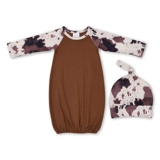 Cow print long sleeves brown baby gown