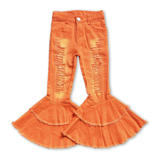 Orange distressed ruffle bell bottom pants kids girls jeans