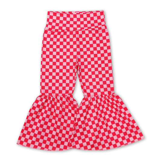 Pink red plaid girls valetine's day bell bottom pants
