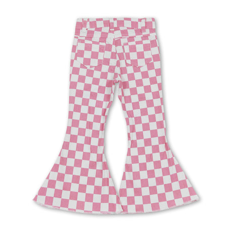 Pink plaid denim pants girls valentine's bell bottom jeans
