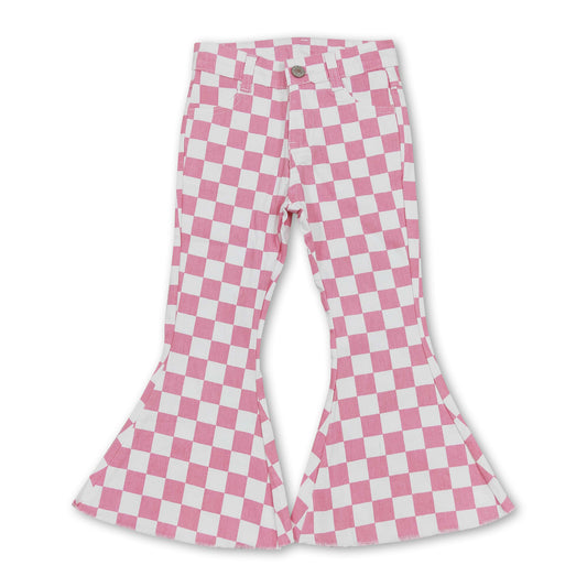 Pink plaid denim pants girls valentine's bell bottom jeans