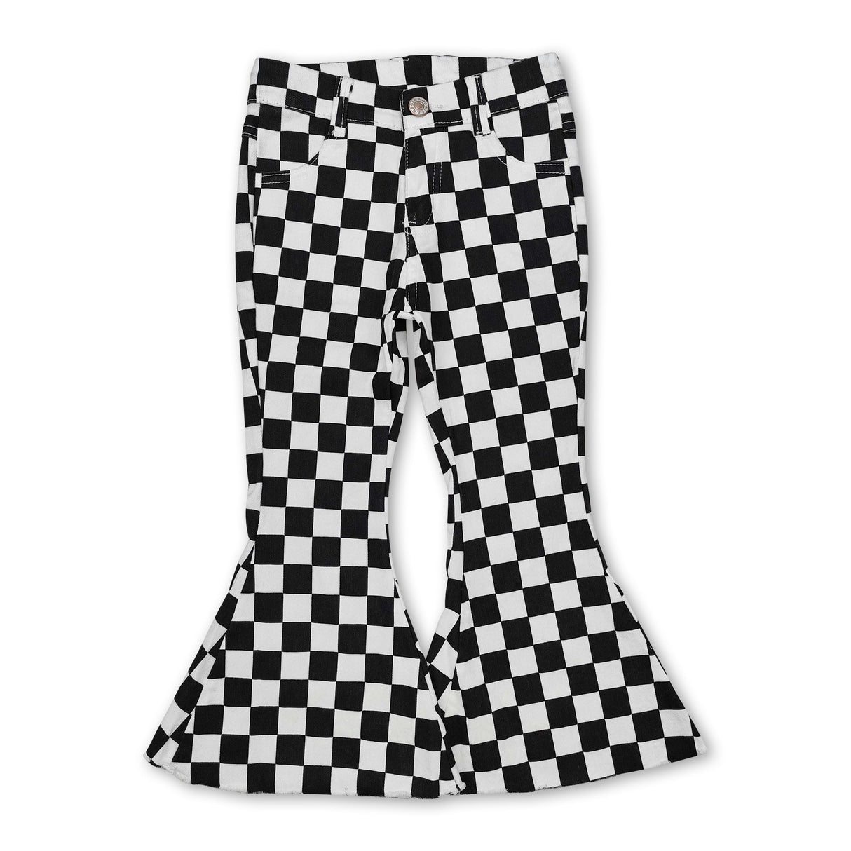 Black plaid denim pants girls bell bottom jeans
