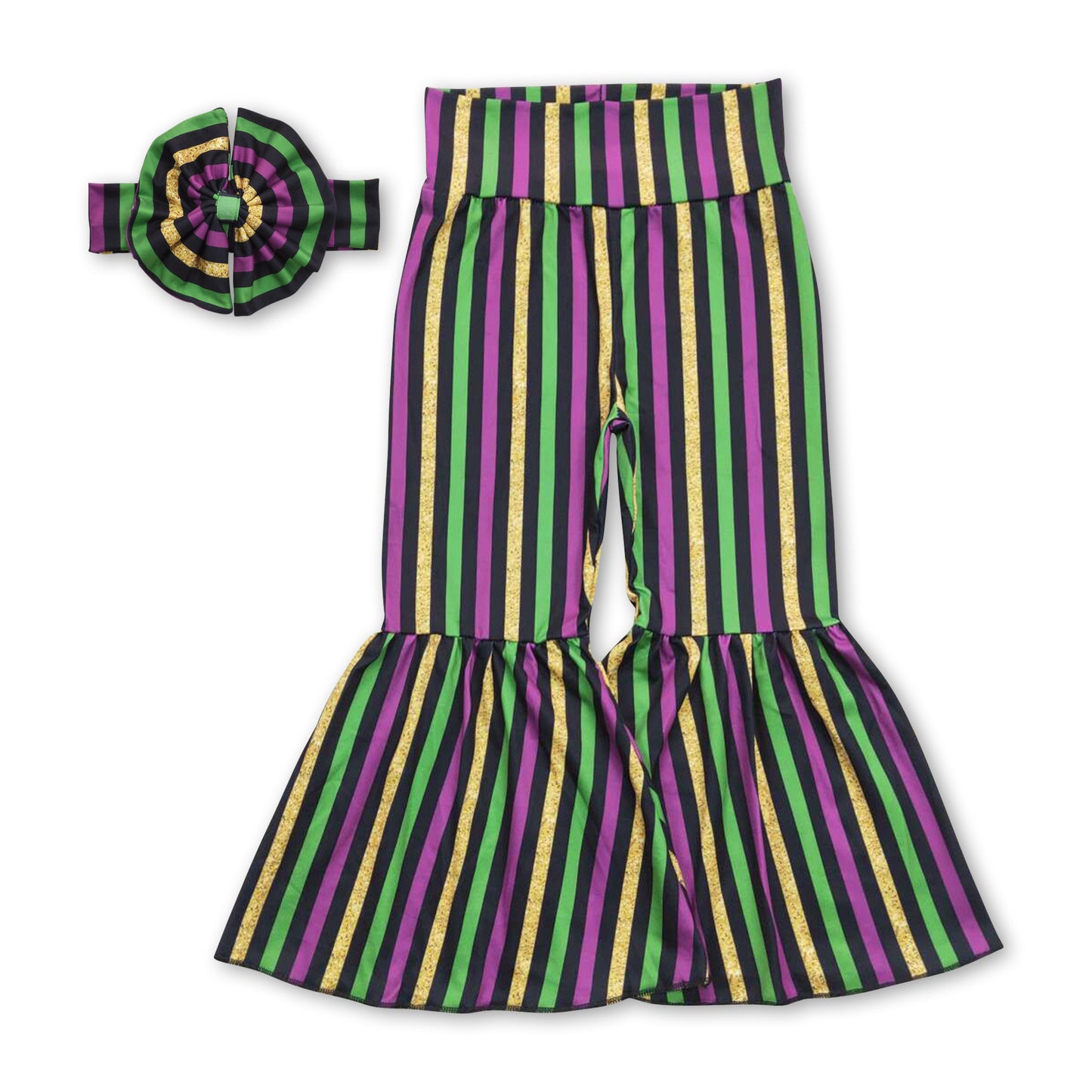 Purple green gold stripe girls mardi gras bell bottom pants