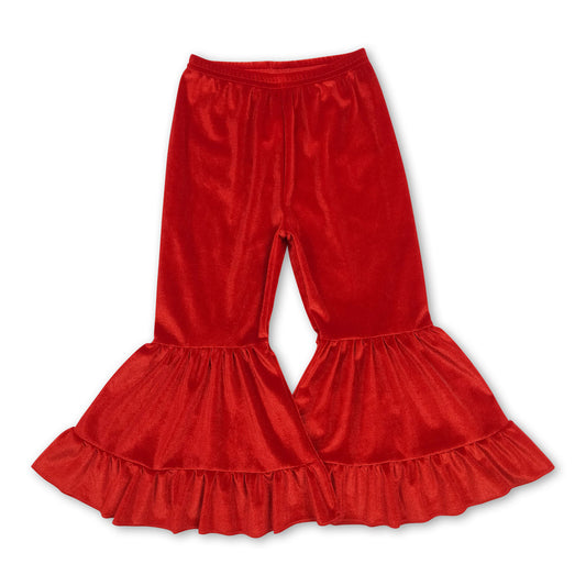 Red velvet ruffle girls bell bottom pants