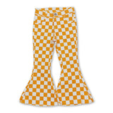 Yellow plaid flare jeans girls denim pants