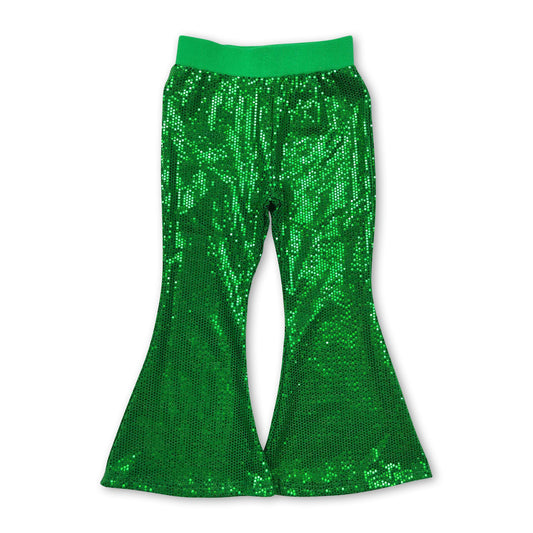 Green sequin kids girls bell bottom pants