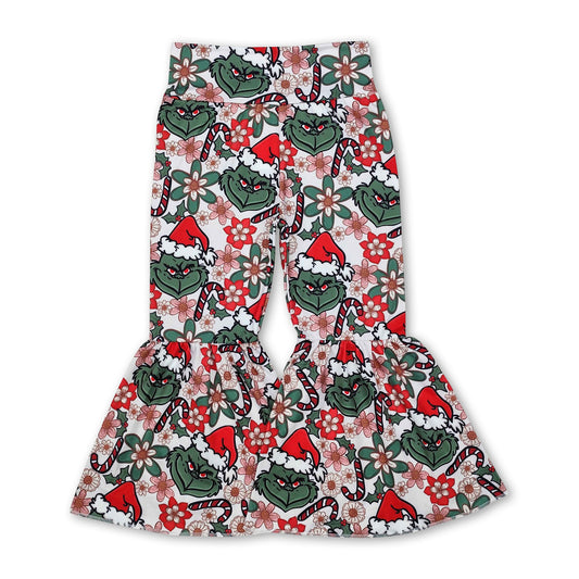 Floral green face kids girls Christmas bell bottom pants