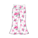 Plaid pink floral bow kids girls bell bottom yoga pants