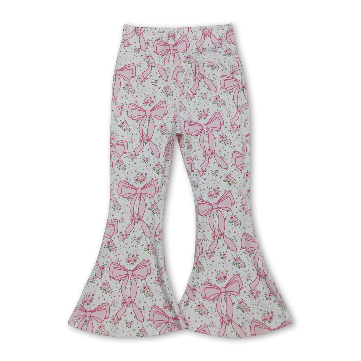Pink floral bow baby girls bell bottom yoga pants